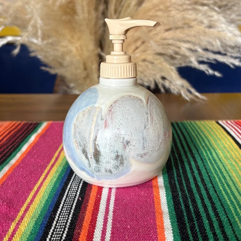 Handmade Studio Pottery Soap Dispenser Set Drip Glaze Stoneware Boho Decor 2pc